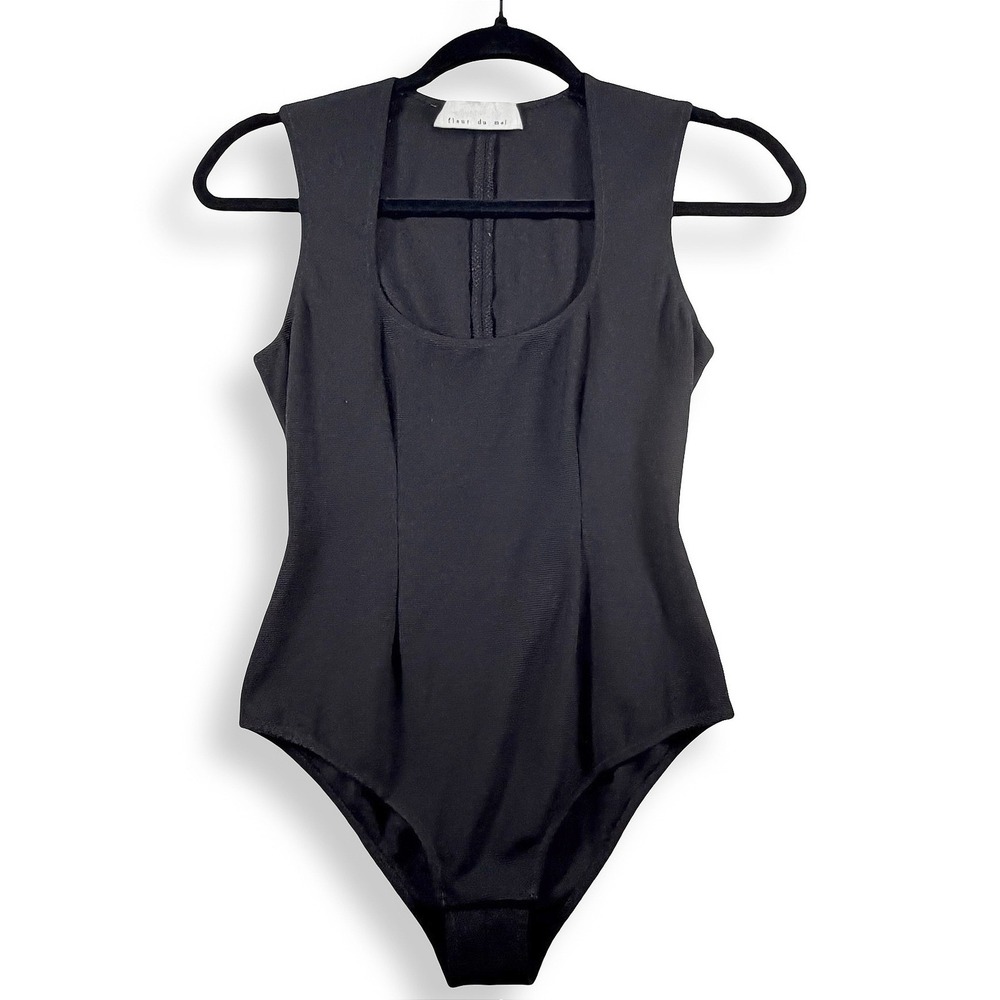 Fleur du Mal Black Textured Knit Square Neck Bodysuit Womens XS Corset Style